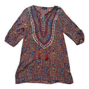 Tolani Tunic Top Women's XS Red Silk Colorful Floral Tassel 3/4 Sleeve Boho